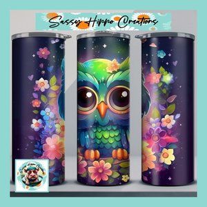 Skinny Tumbler Neon Owl Colorful Flowers Stainless-Steel 20oz Hand Sublimated